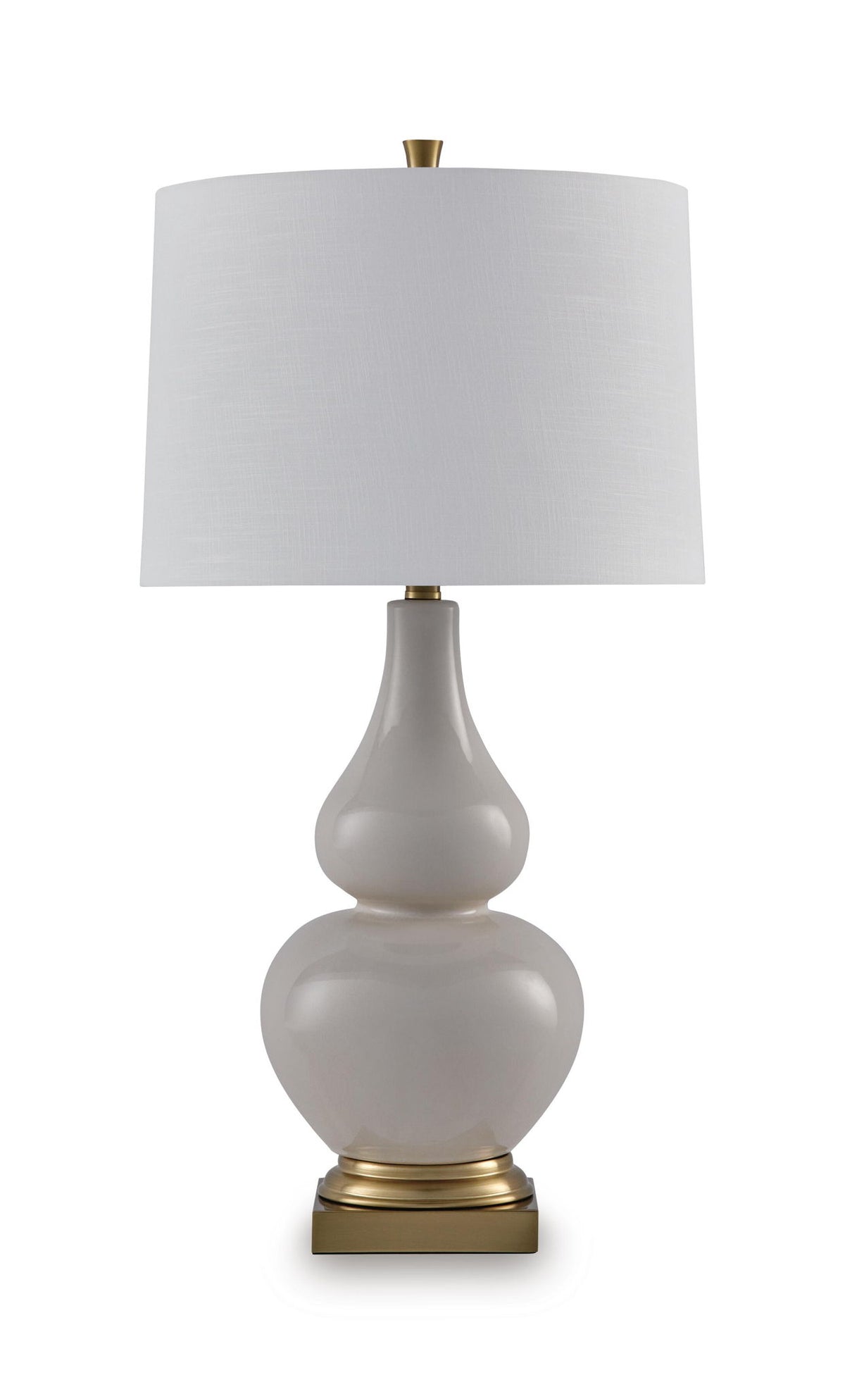 Ceramic table lamp with cream fabric shade and gray ceramic base, gold accents