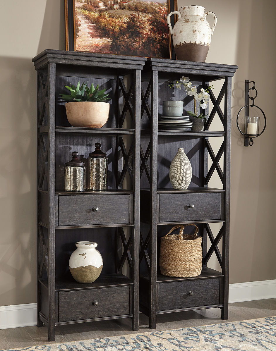 Dark gray display cabinet with open shelves and drawers