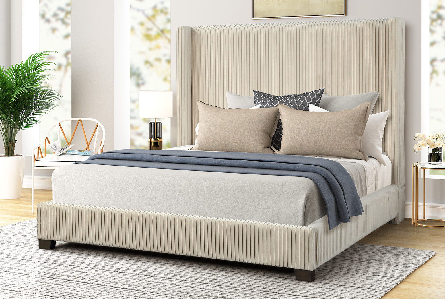 Queen Upholstered Bed in a Box - Beige Fabric, Easy Assembly