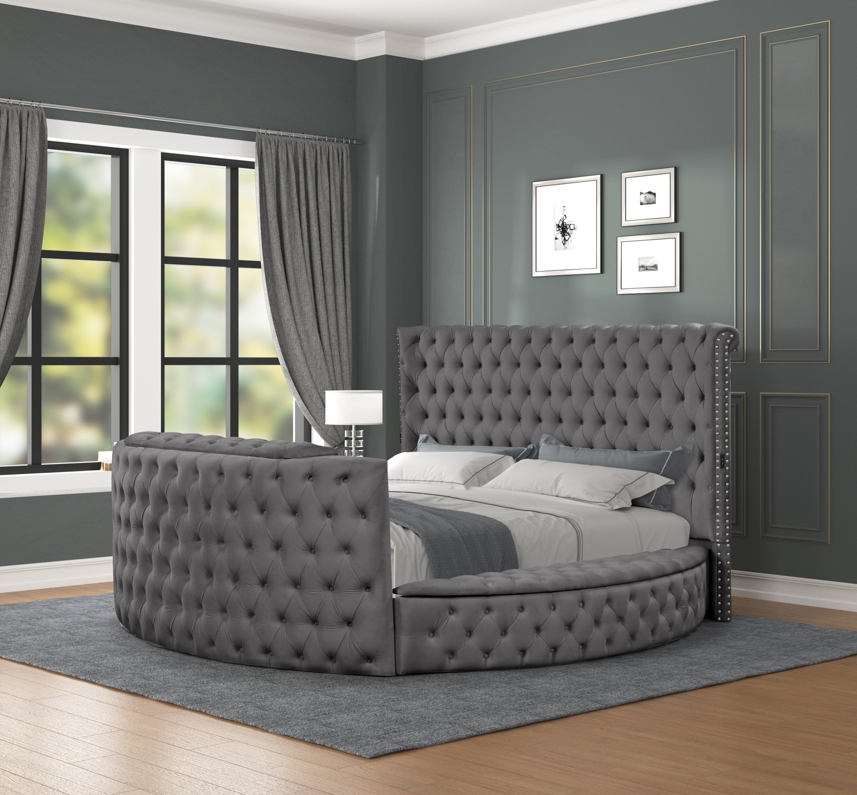 Modern Gray Crystal Tufted Queen Bed Frame - Elegant Wood Bedroom Furniture