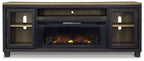 Black TV stand with electric fireplace insert, two side doors, center media shelf
