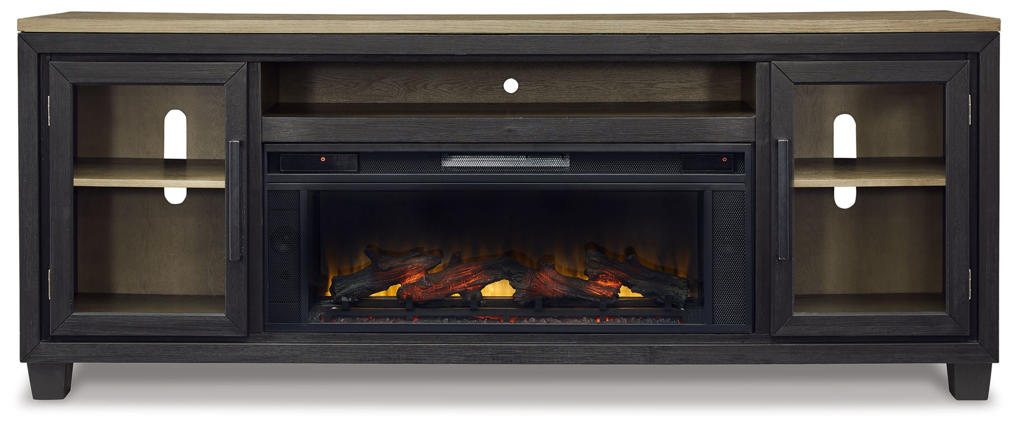 Black TV stand with electric fireplace insert, two side doors, center media shelf