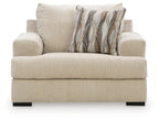 Lofwood chair and a half in beige textured fabric with tall backrest and patterned pillow