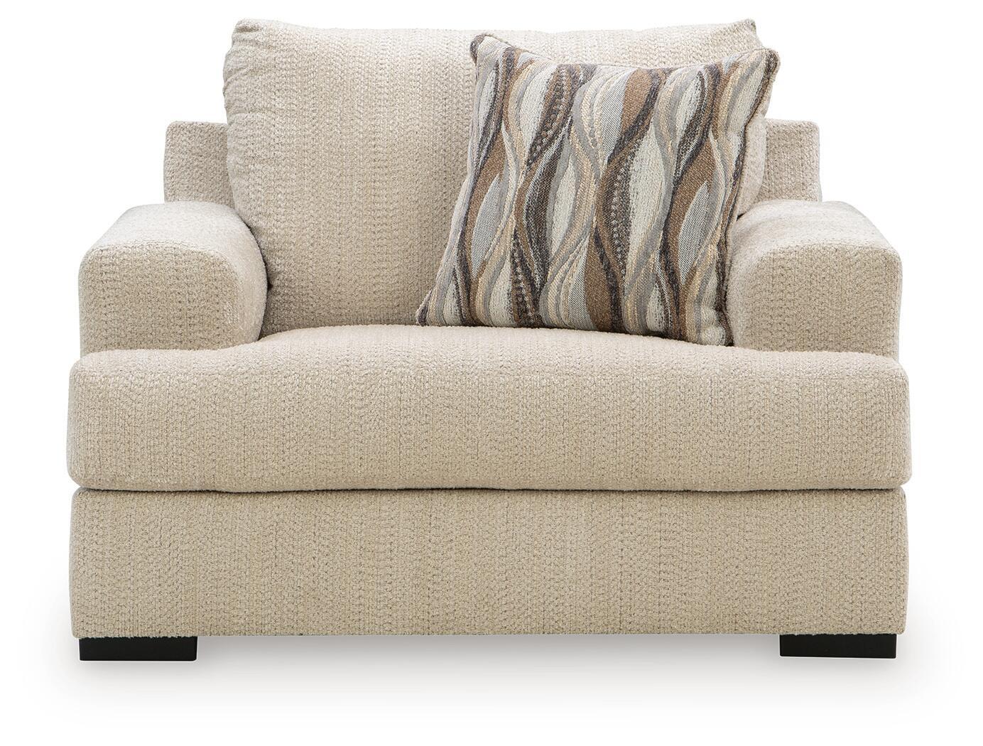 Lofwood chair and a half in beige textured fabric with tall backrest and patterned pillow