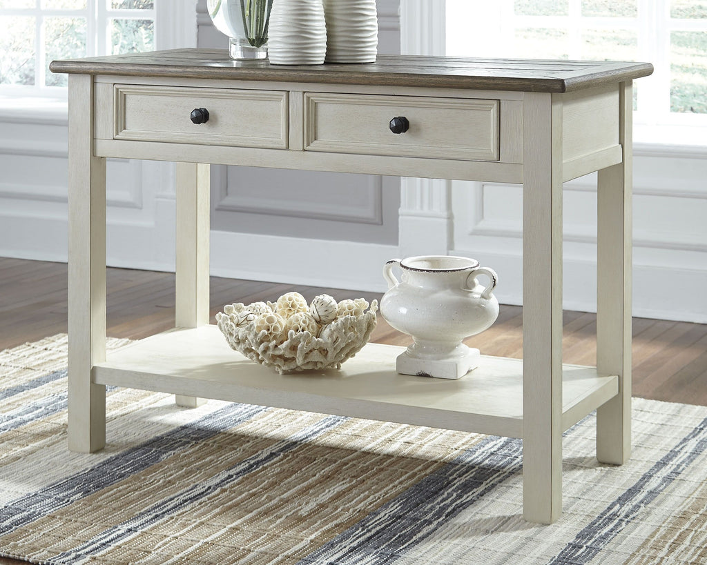 White sofa table with two drawers and dark wood top, lower shelf