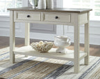White sofa table with two drawers and dark wood top, lower shelf