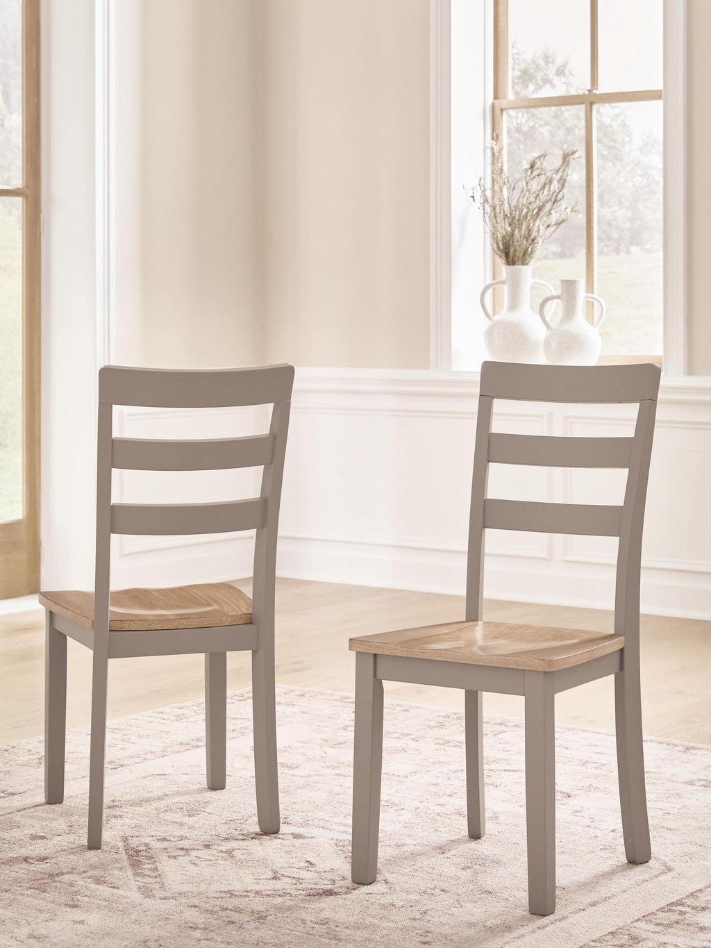 Dining room side chair set of two with slatted backs and light wood seats