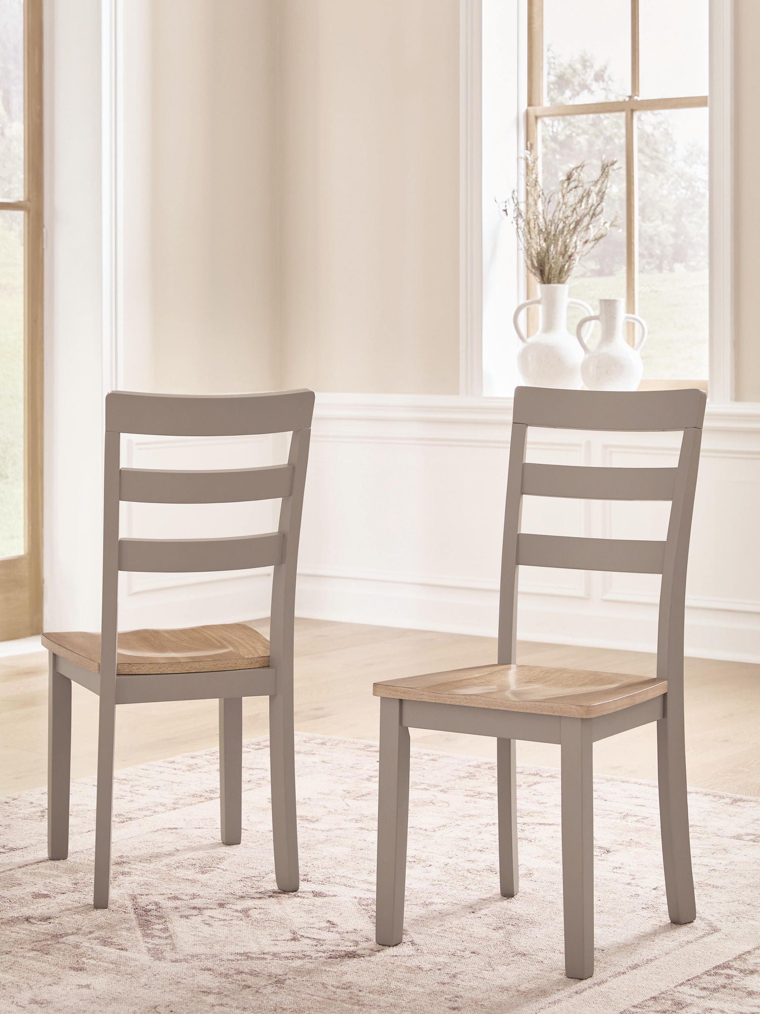 Dining room side chair set of two with slatted backs and light wood seats