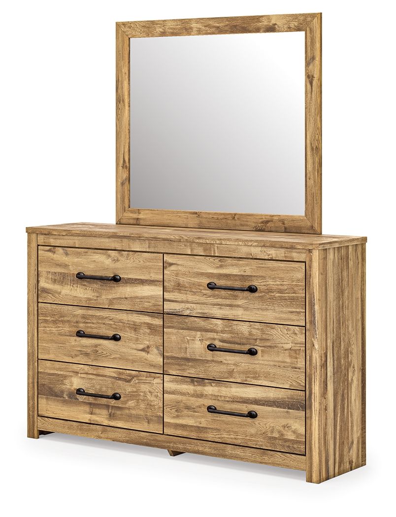 Light brown six-drawer dresser with square mirror and black bar pulls.