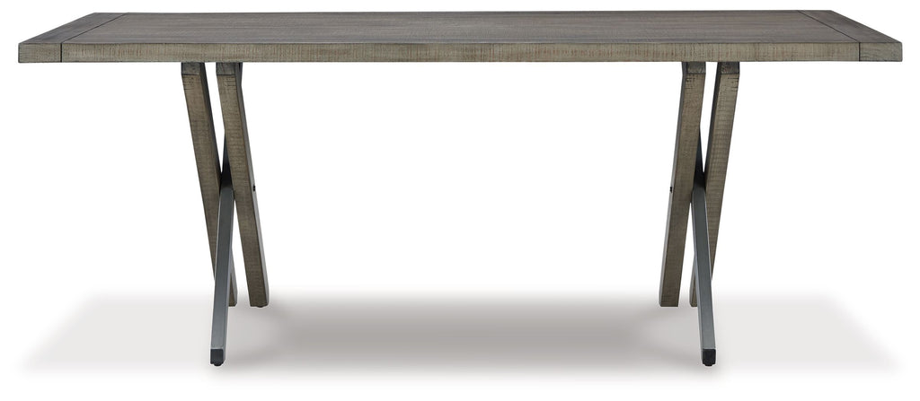 Rectangular dining table with weathered gray top and crossed X base