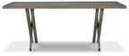 Rectangular dining table with weathered gray top and crossed X base