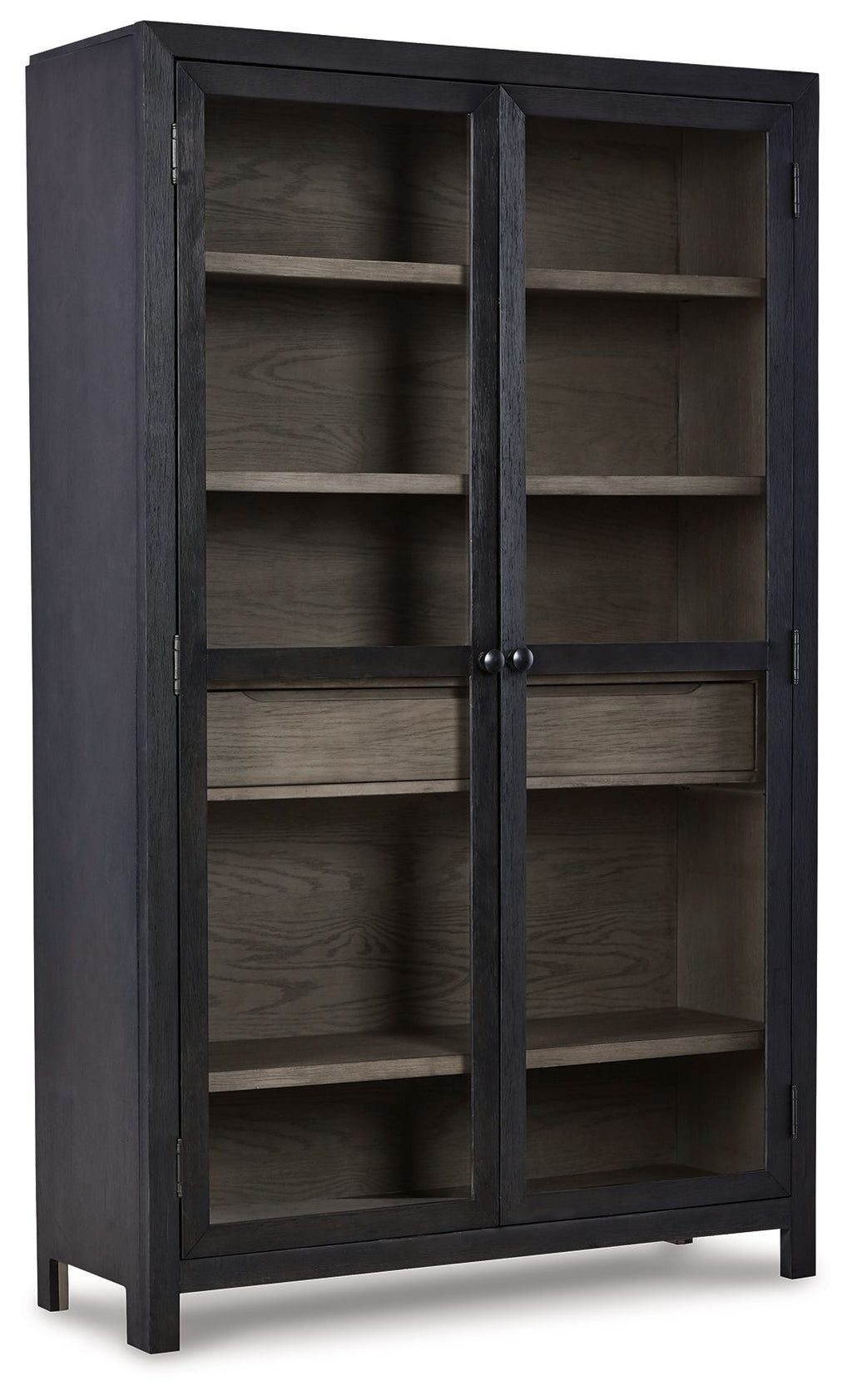Dark gray accent cabinet with two doors open, tall interior shelves and compartments