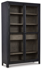 Dark gray accent cabinet with two doors open, tall interior shelves and compartments