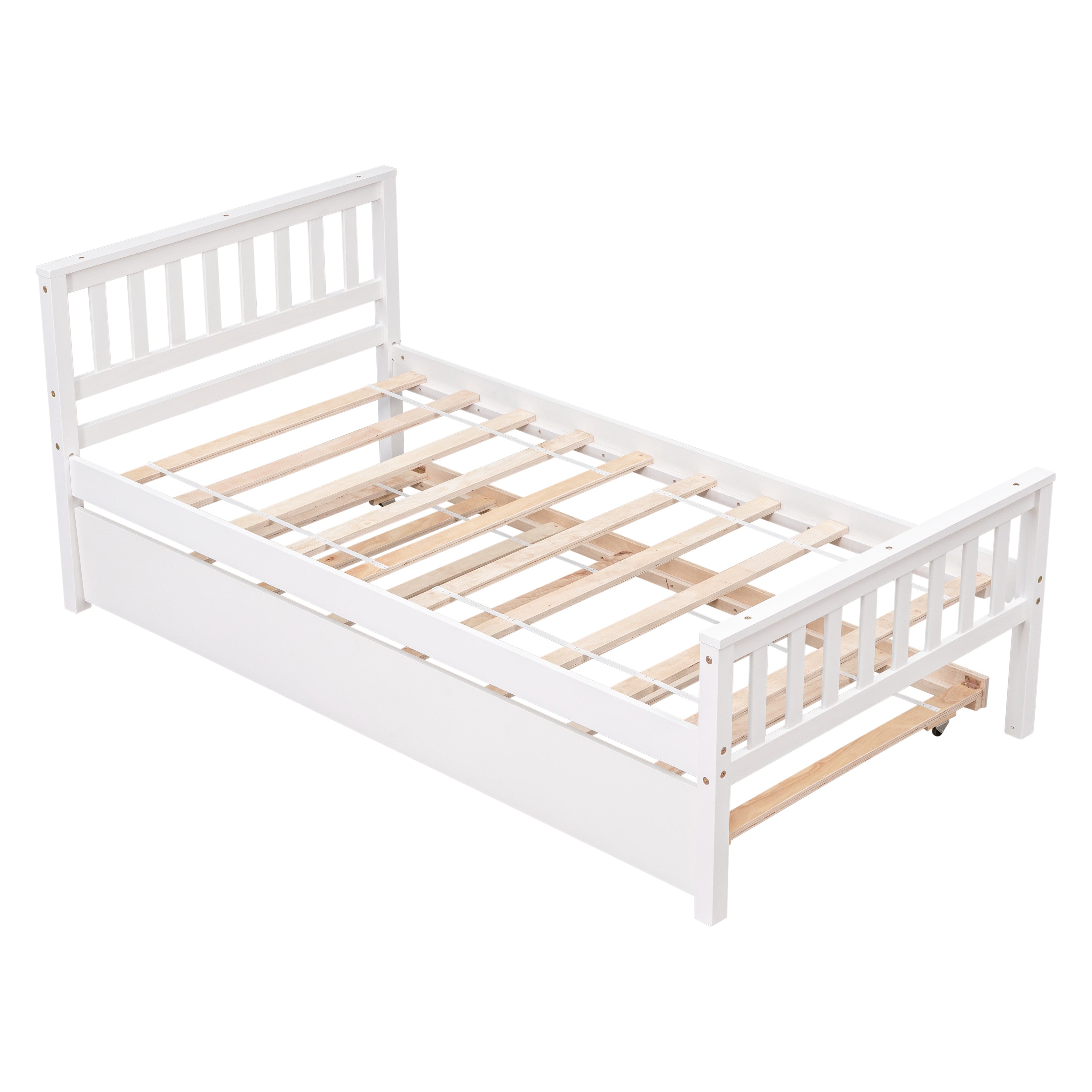 Twin Bed with Trundle, Platform Bed Frame with Headboard and Footboard, for Bedroom Small Living Space,No Box Spring Needed,White