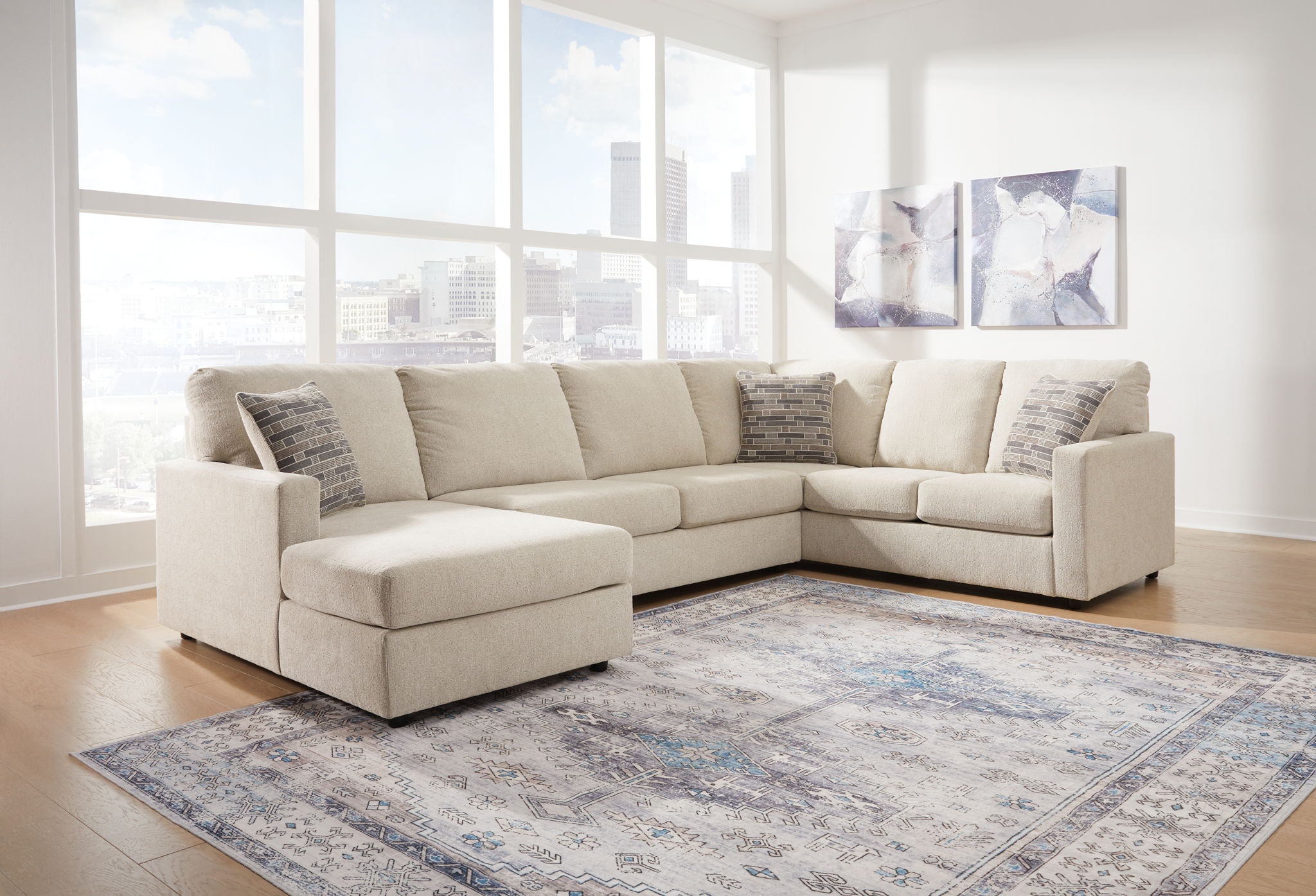 Pearl silver fabric corner chaise sectional sofa with matching ottoman