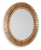 Accent mirror with round wood frame and radial slat border, reflective glass view