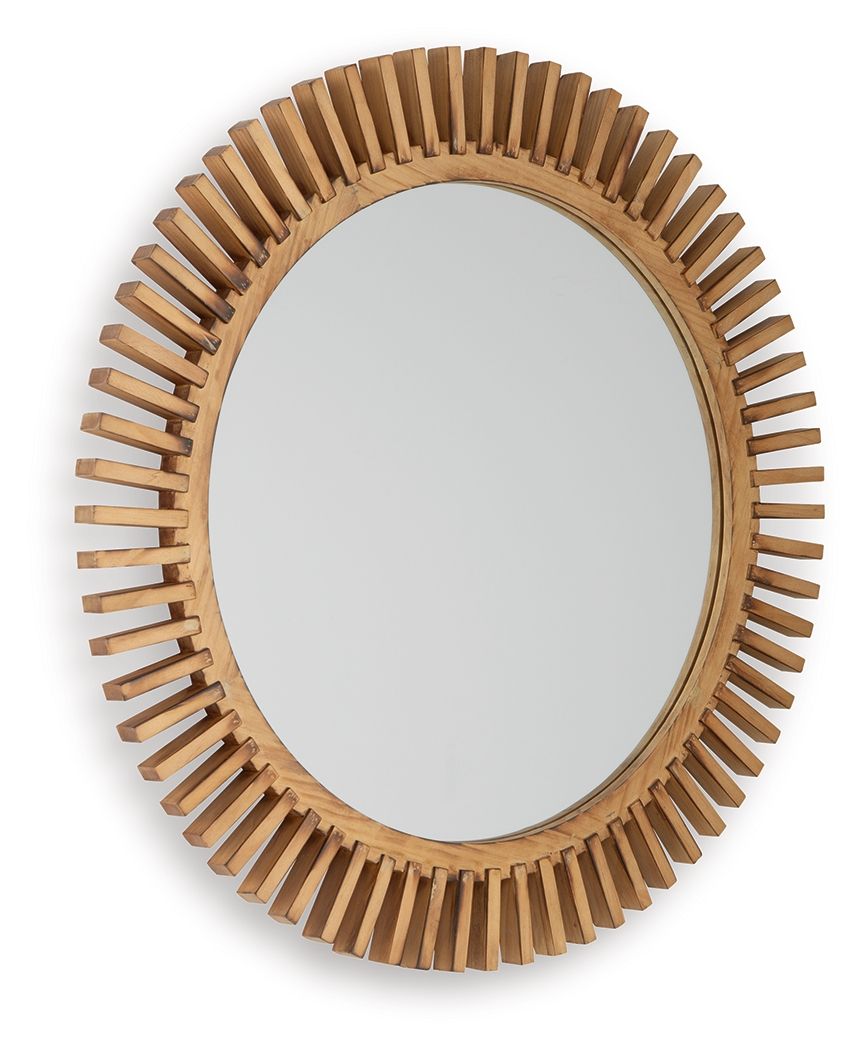 Accent mirror with round wood frame and radial slat border, reflective glass view