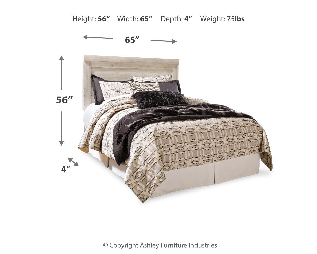 Bellaby beige panel headboard diagram, width 65", height 56", depth 4"