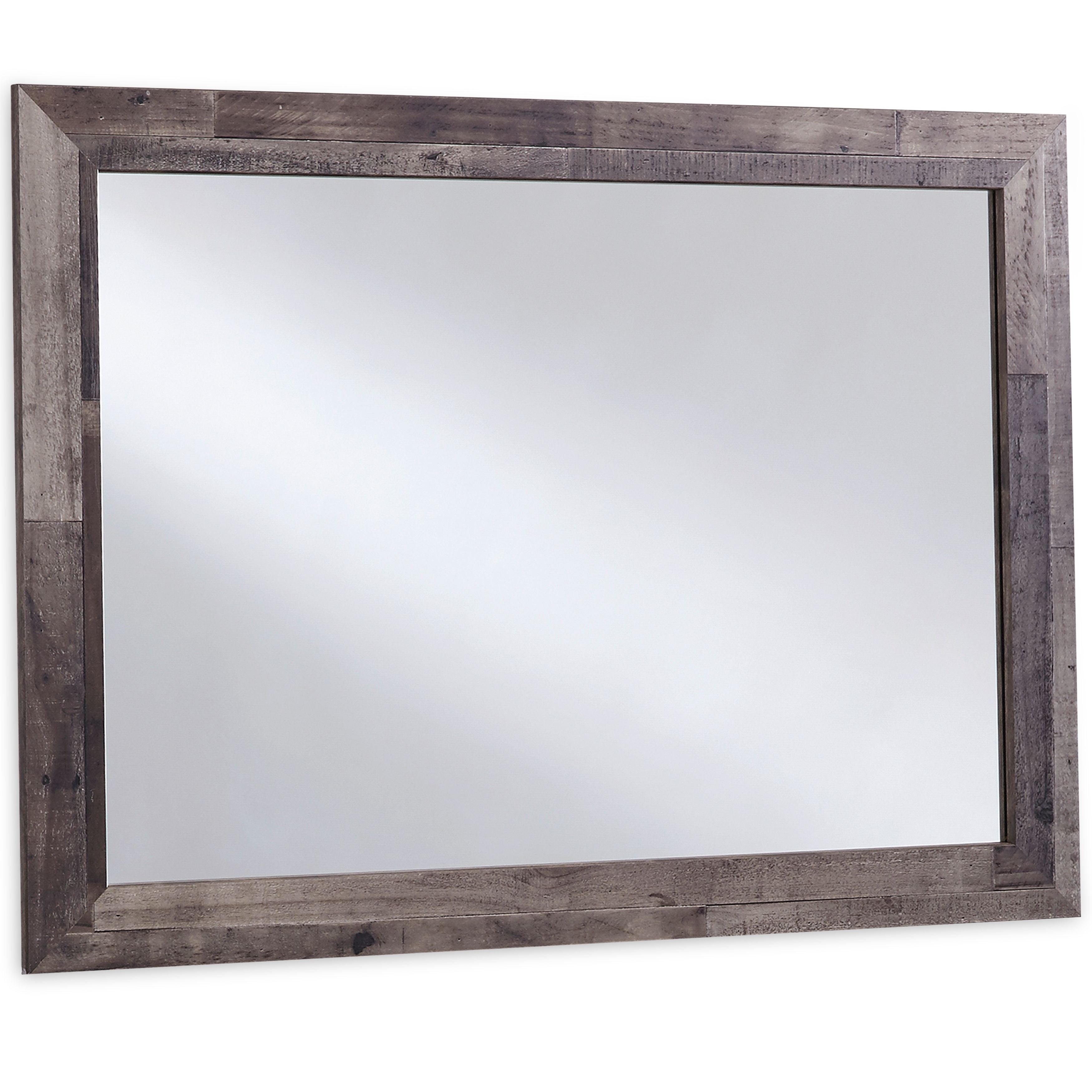 Gray wood bedroom mirror with rectangular frame and beveled edges