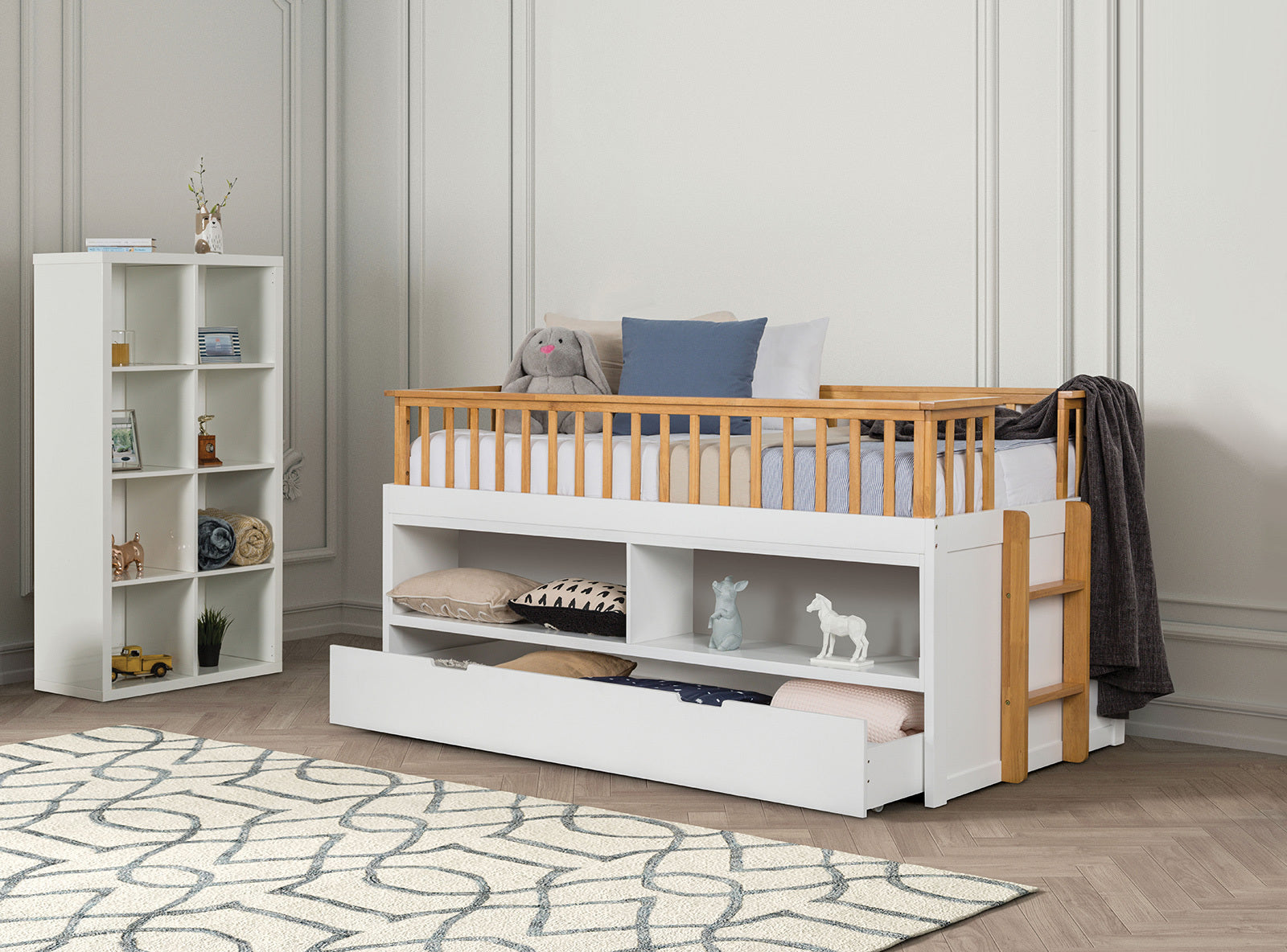 Twin Captain Bed Trundle, Storage, White & Light Oak Finish