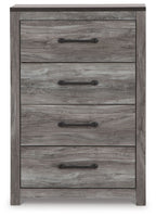 Gray wood four-drawer dresser with dark bar handles and woodgrain panel design