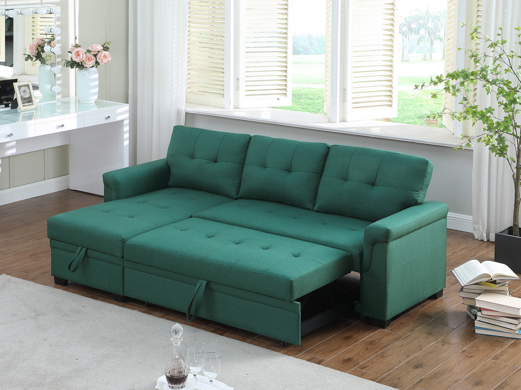 84" Green Reversible Linen Sleeper Sectional Sofa w/Storage Chaise