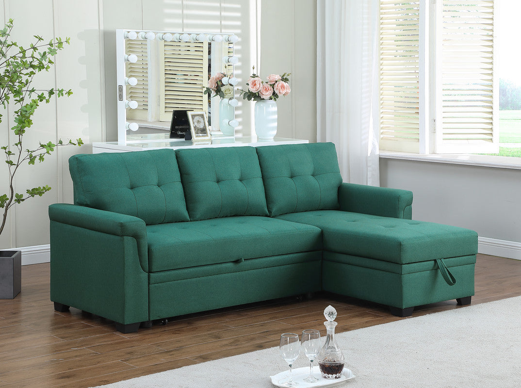 84" Green Reversible Linen Sleeper Sectional Sofa w/Storage Chaise