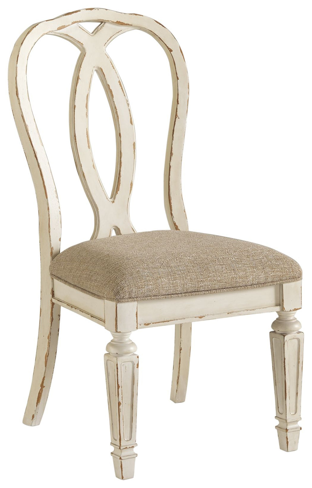 Upholstered dining side chair with carved ribbon-style back, beige seat, white frame