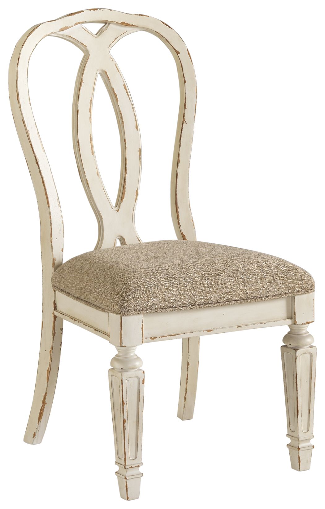 Upholstered dining side chair with carved ribbon-style back, beige seat, white frame