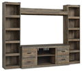Dark brown entertainment center with open shelves and media drawers, TV stand frame