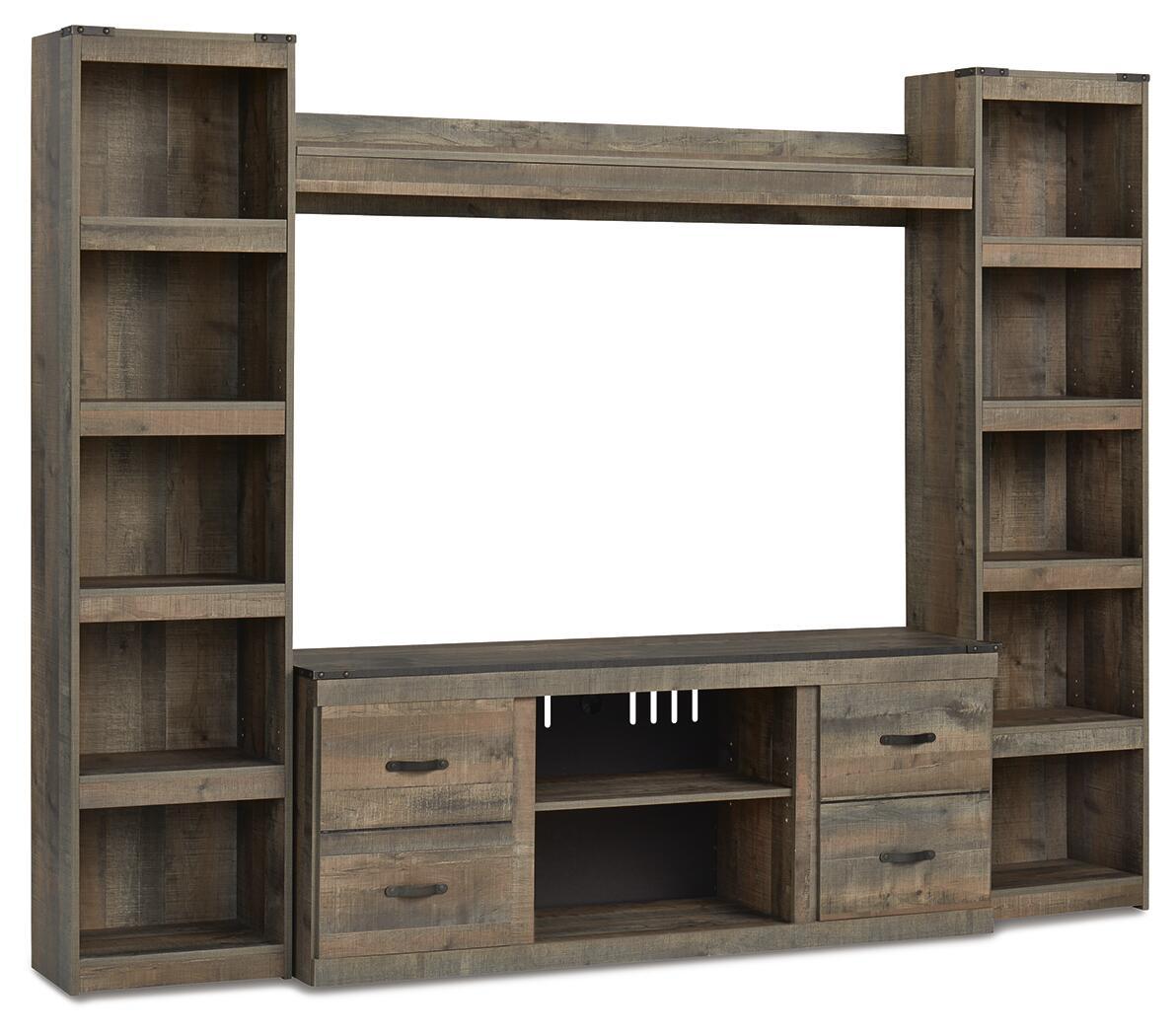 Dark brown entertainment center with open shelves and media drawers, TV stand frame