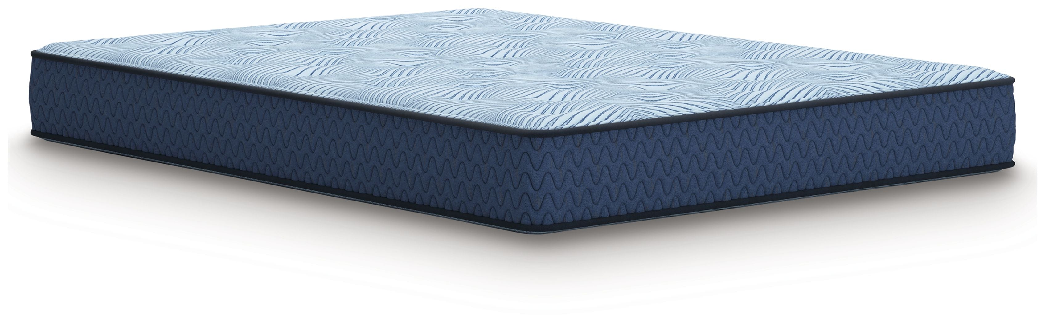 Blue hybrid mattress with quilted top and dark blue sides