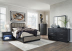 Black bedroom set with bed frame, dresser, mirror, and nightstand