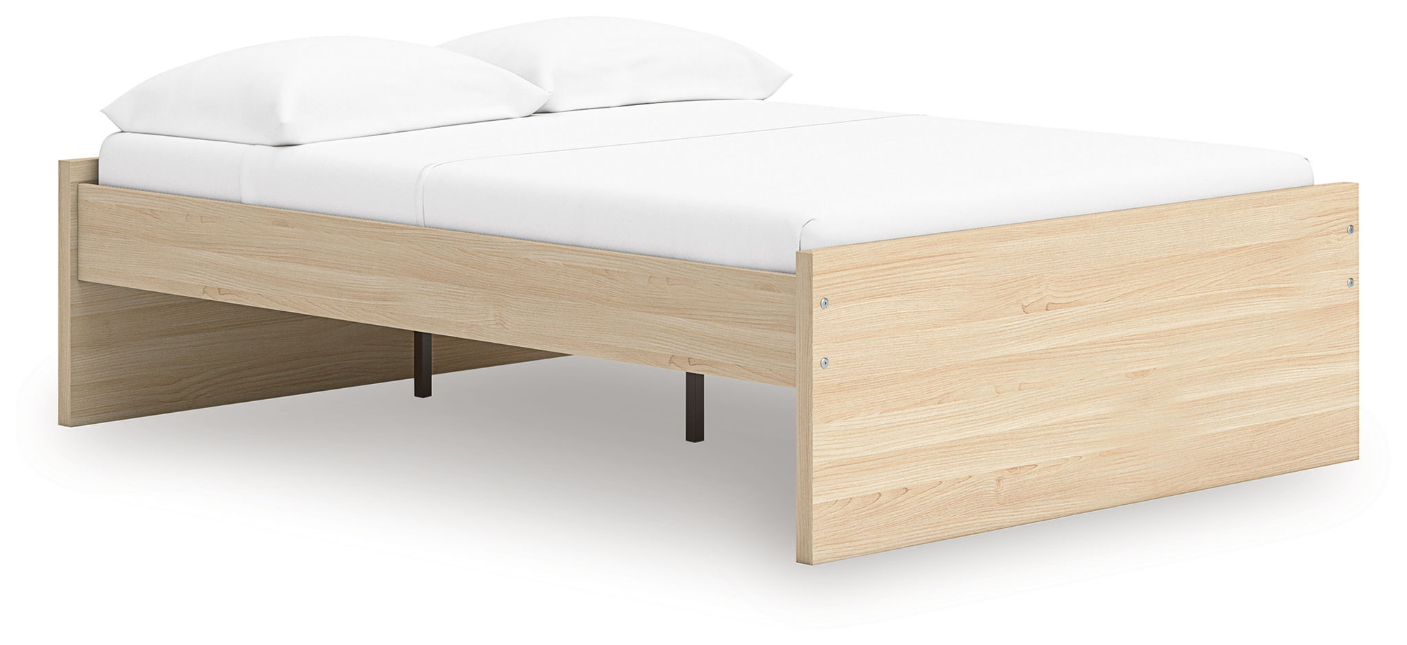 Light brown platform bed with upholstered headboard and open under-bed storage