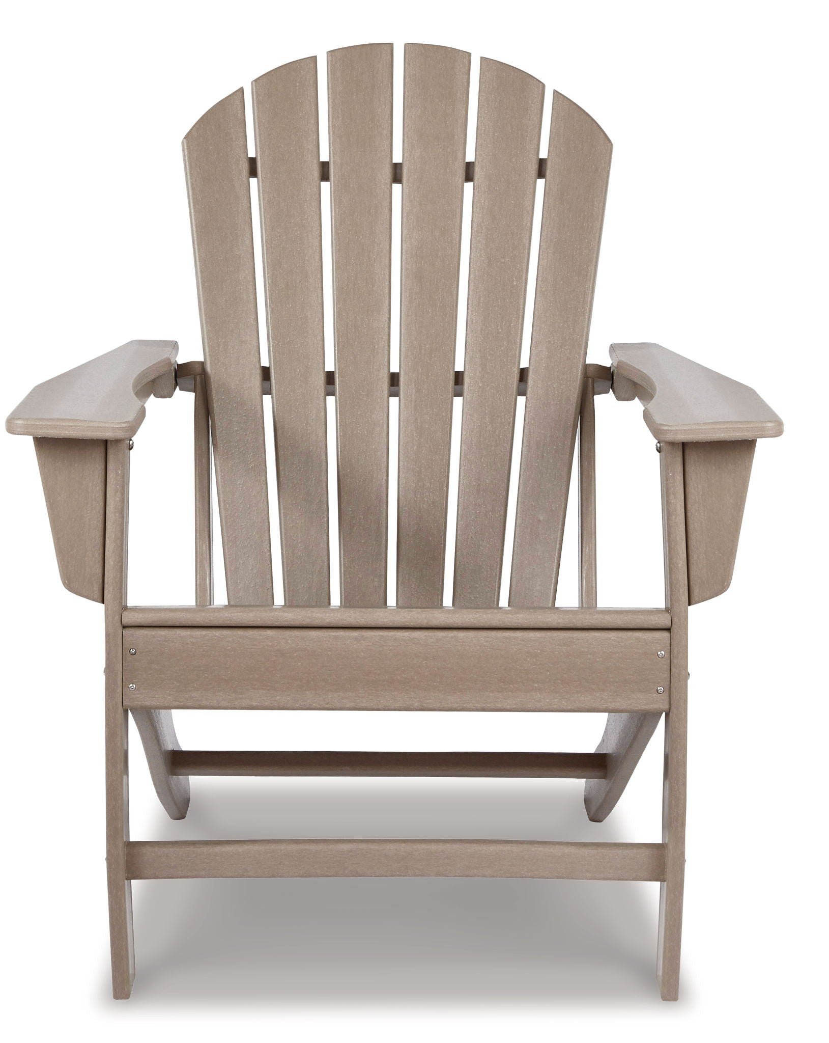 Driftwood Adirondack chair with slatted back, armrests, and front bar