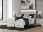 White upholstered platform bed with vertical panel headboard and two storage drawers