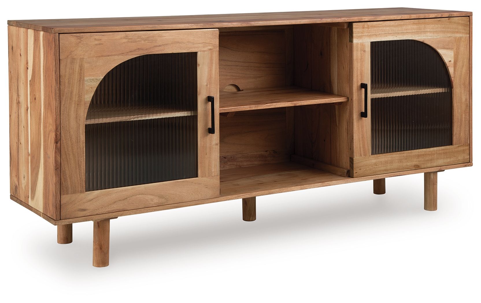 Natural brown accent cabinet with arched slat doors and open middle compartment