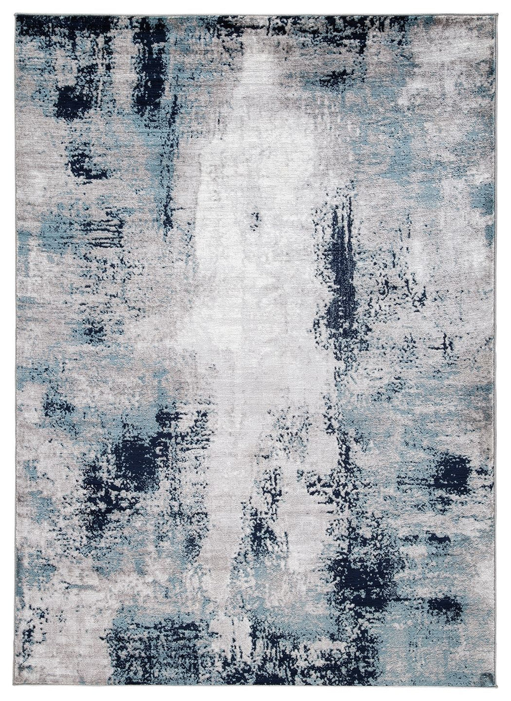 Abstract blue and gray area rug with light center and dark blotches