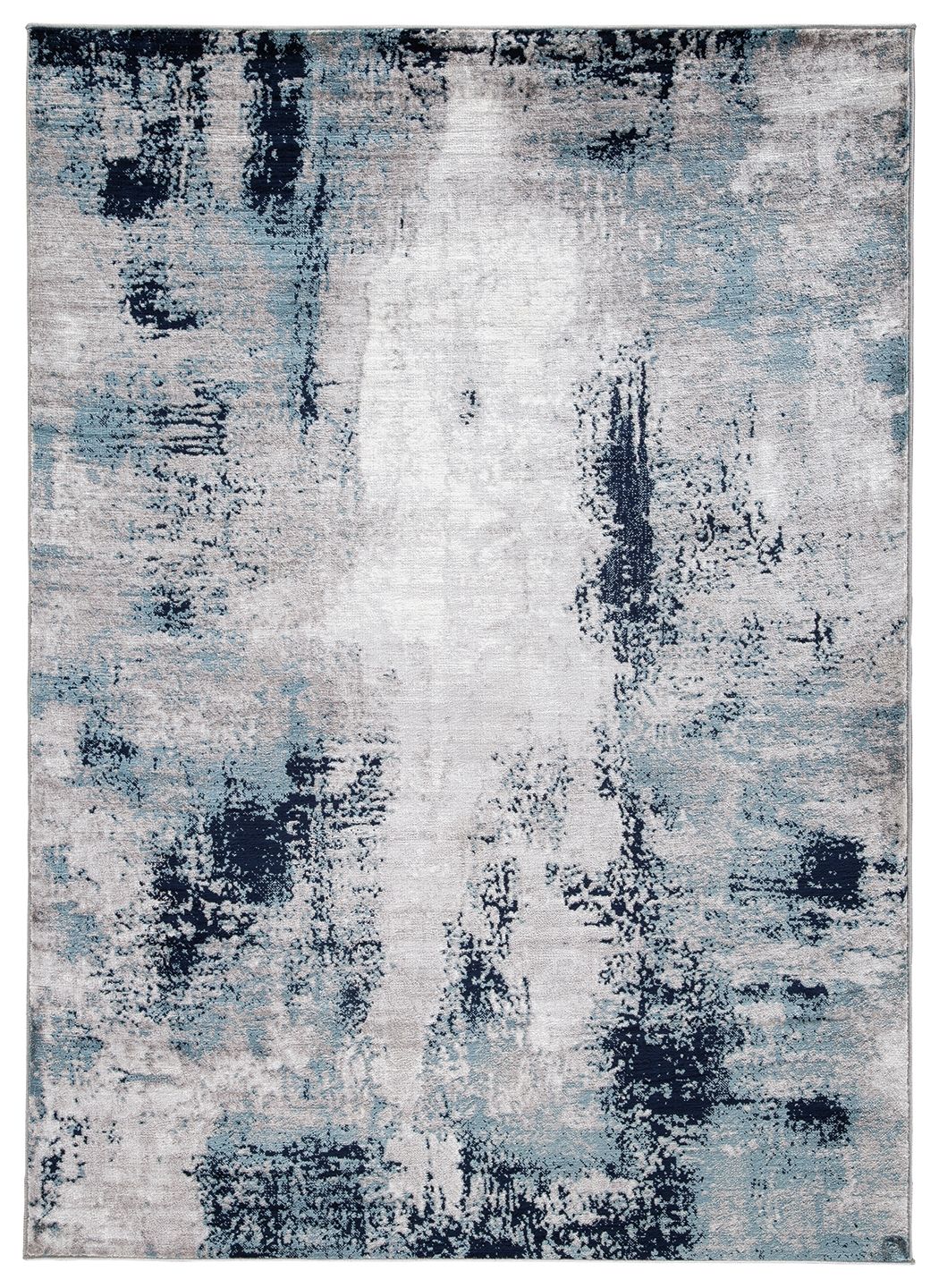Abstract blue and gray area rug with light center and dark blotches