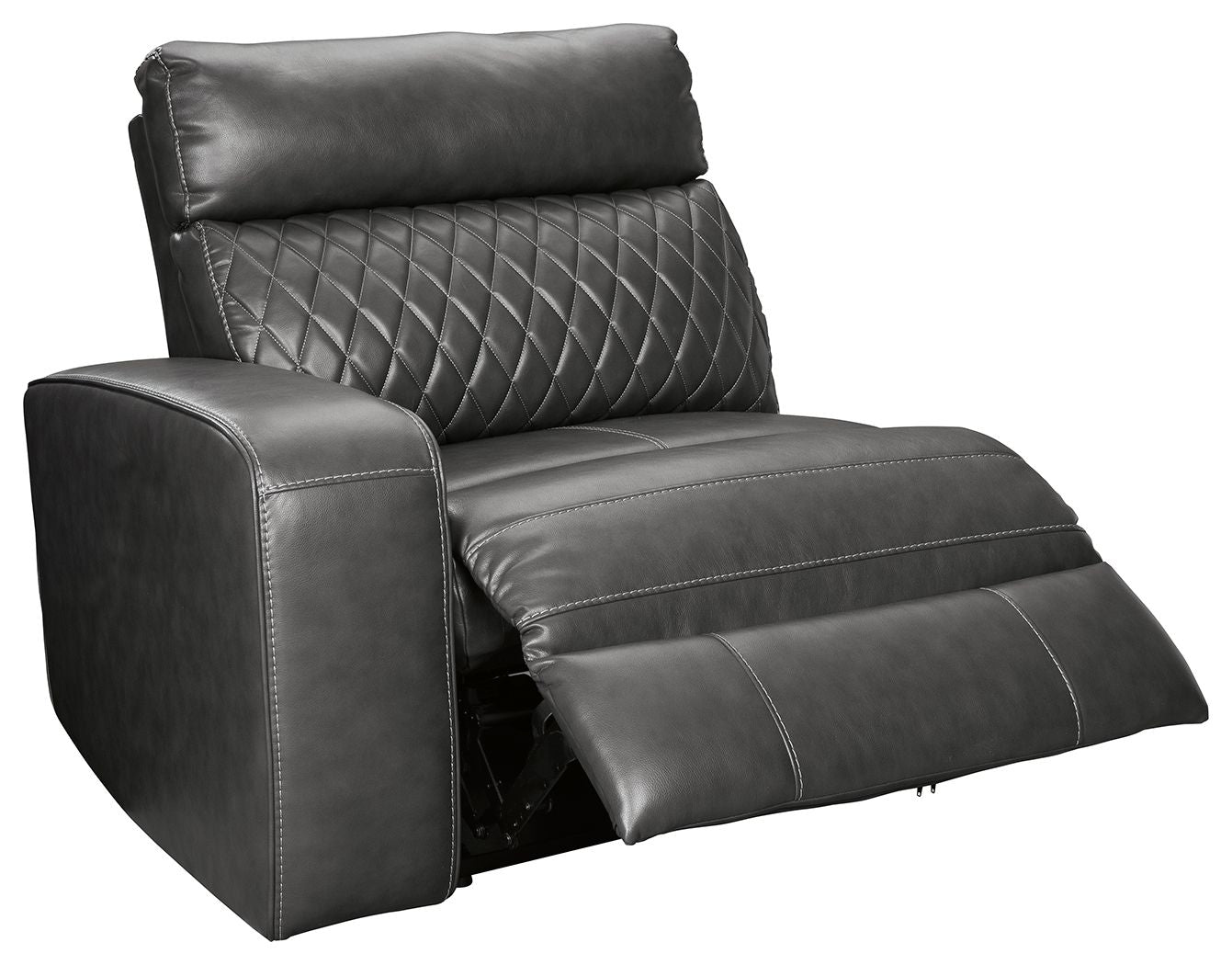 Gray power recliner chair with quilted back and padded armrests, reclining footrest