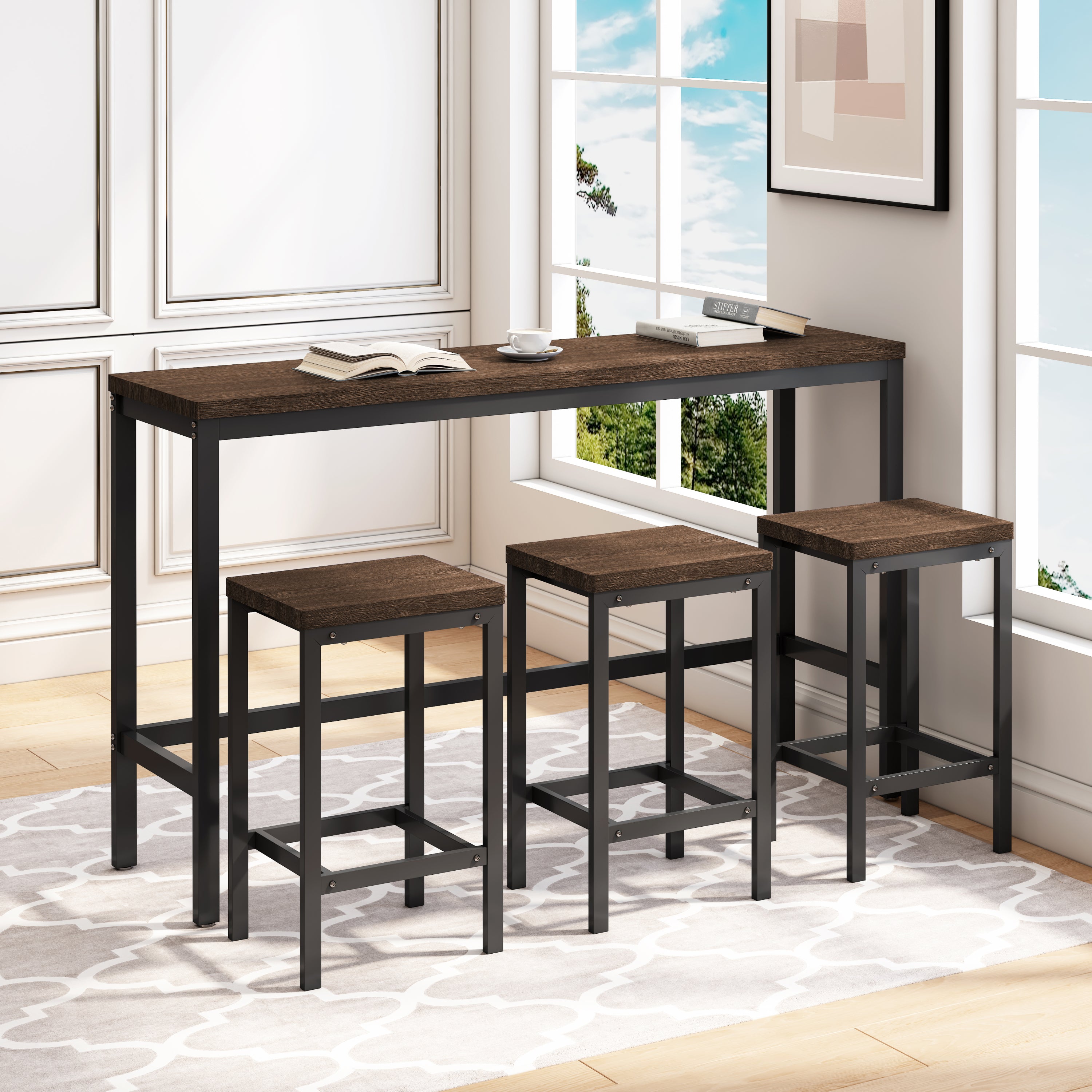 Modern Kitchen Table Set w/ 3 Stools - Dark Brown