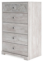 Whitewash chest of drawers with ornate top panel, five drawers, round metal knobs