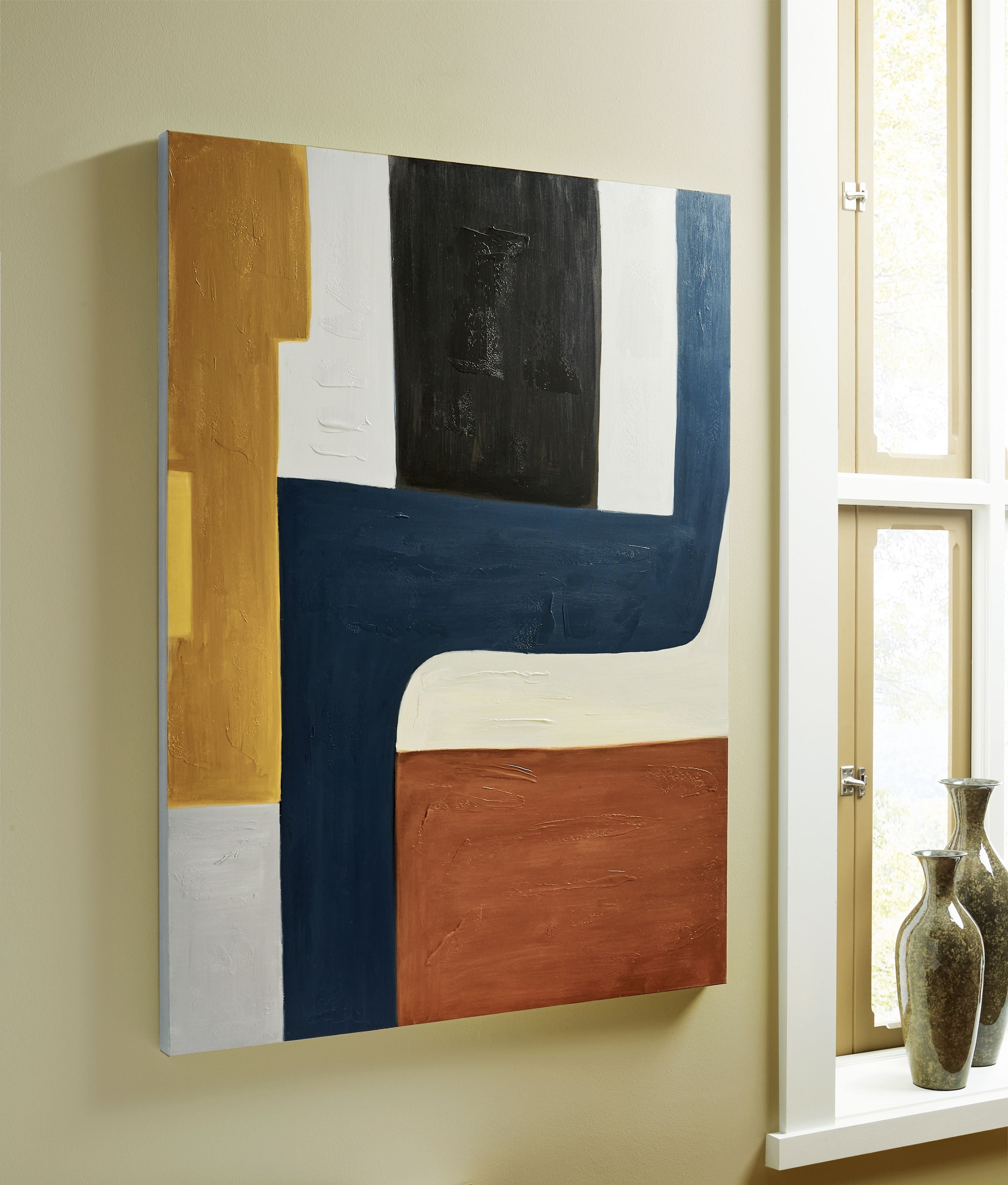 Abstract wall art canvas with navy, rust, black, and gold geometric shapes