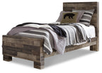 Dark gray panel bed with striped bedding and decorative pillow, front three-quarter view