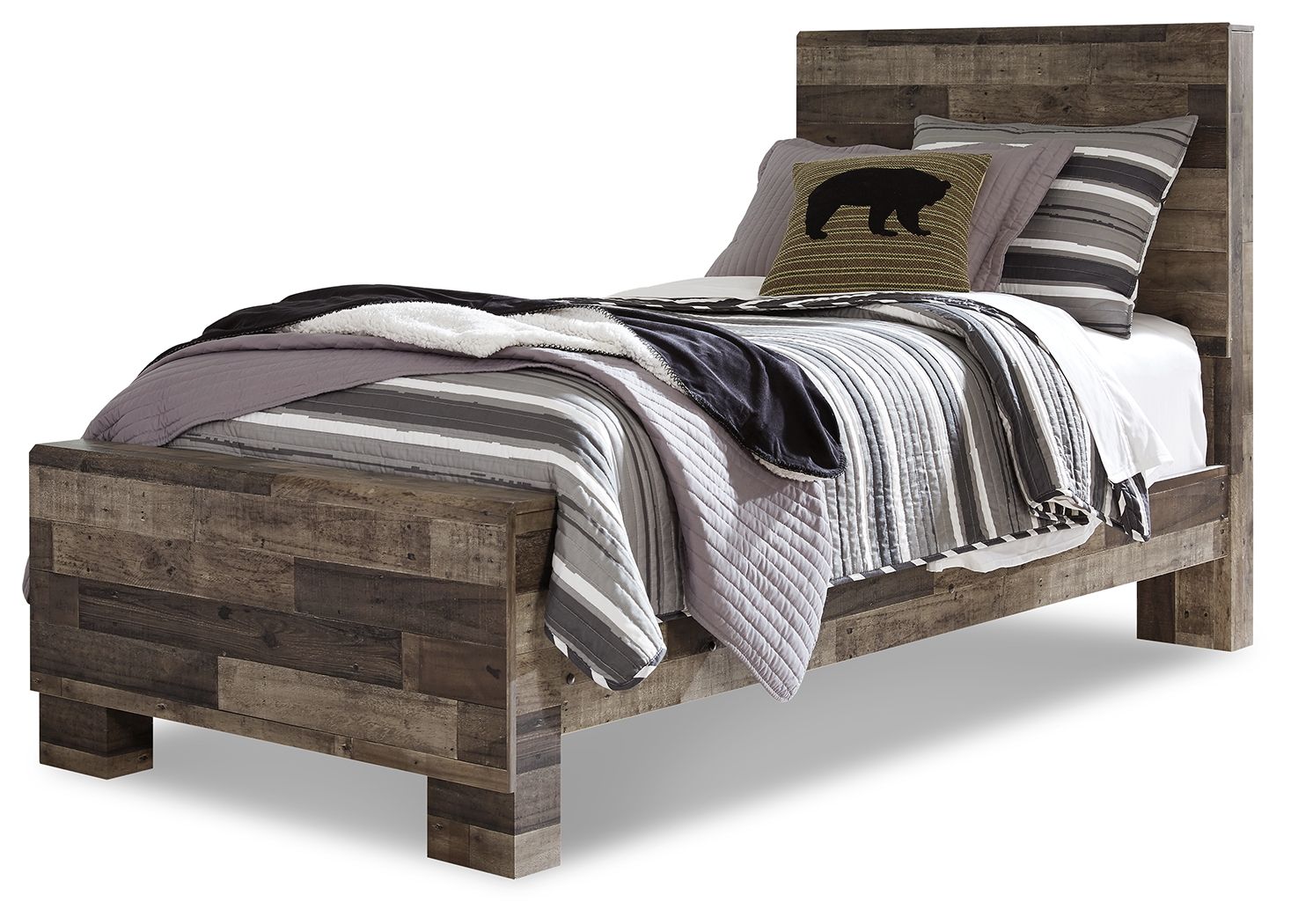 Dark gray panel bed with striped bedding and decorative pillow, front three-quarter view