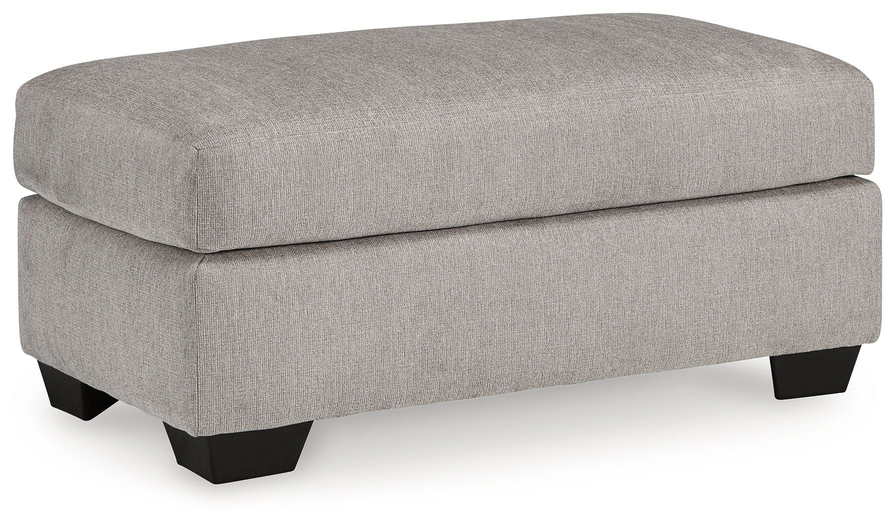 Light gray flannel ottoman with dark legs, padded seat, rounded top