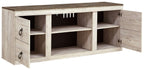 Willowton TV stand with fireplace: light wood side view with open shelves and drawer hardware
