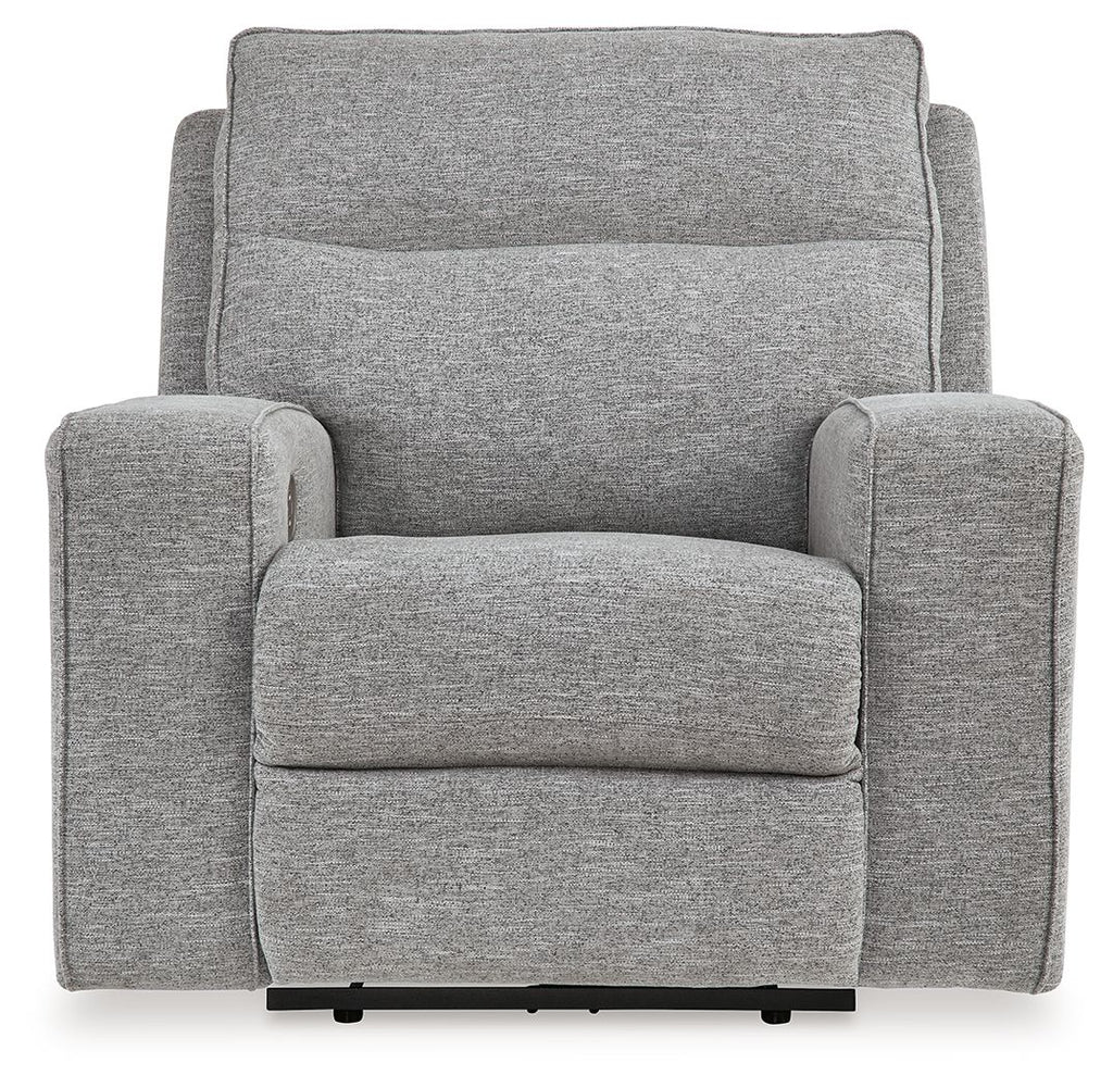 Pewter gray power recliner chair front view with adjustable headrest and armrests