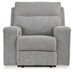 Pewter gray power recliner chair front view with adjustable headrest and armrests