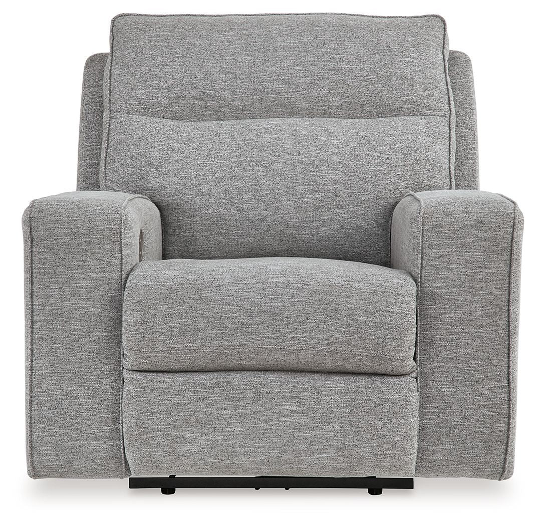 Pewter gray power recliner chair front view with adjustable headrest and armrests